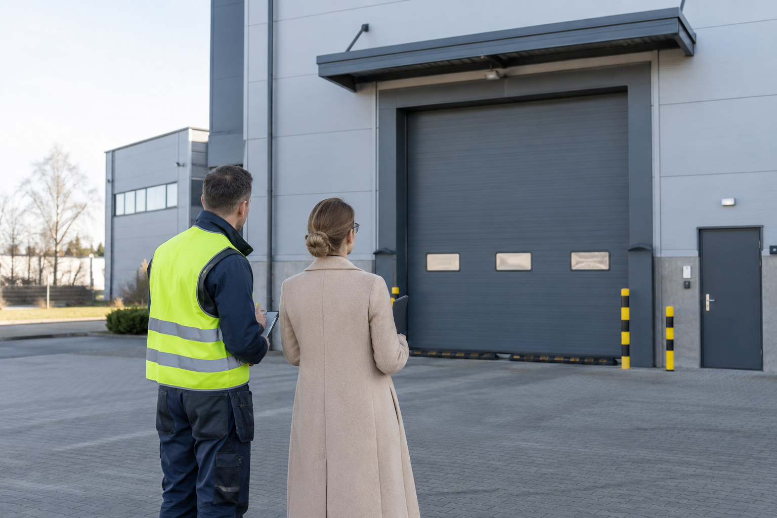 Pracownik logistyczny i administrator oglądają spokojnie bramę magazynu z zewnątrz