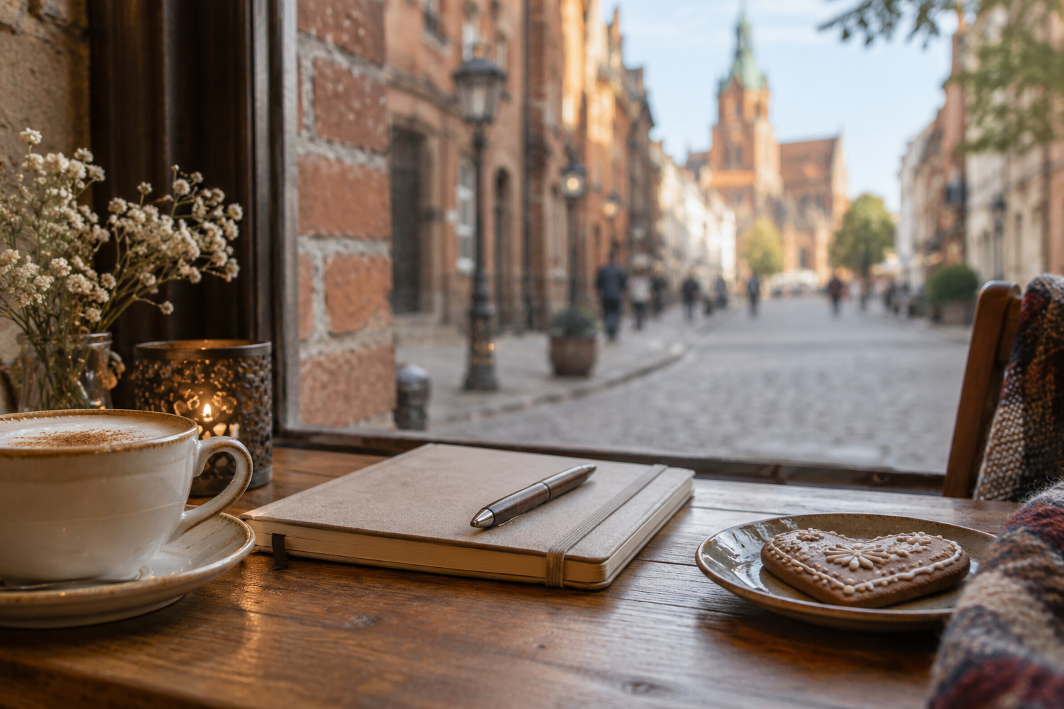 Notatnik i piernikowa pamiątka na stoliku przy oknie
